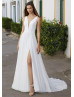 Ivory Satin Chiffon High Slit Sexy Beach Wedding Dress